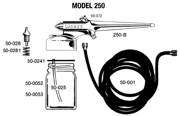 AERÓGRAFO BADGER AÇÃO SIMPLES MOD.250 VISTA EXPLODIDA