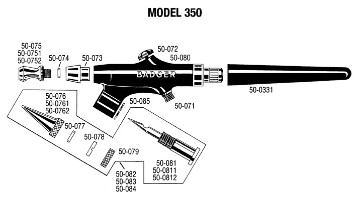 AERÓGRAFO BADGER AÇÃO SIMPLES MOD. 350   VISTA EXPLODIDA   