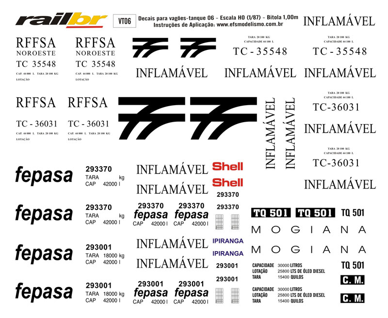 DECAL P/VAGÃO TANQUE RAIL BR FEPASA RFFSA ESC.: 1/87 ESC.: HO