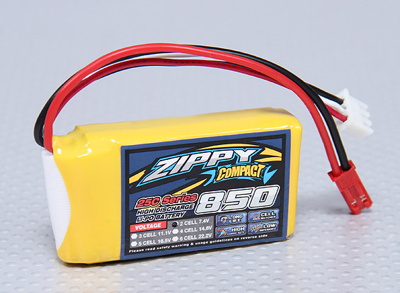 BATERIA RECARREGAVEL LIPO 2S 7,4V 850mah 25C COMPACT ZIPPY PLUG FUT 2 POLOS VERM