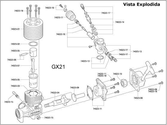 MOTOR EXPLOSÃO KYOSHO GX21 C/ RECOIL #KYO74023 VISTA EXPLODIDA