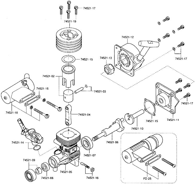 MOTOR EXPLOSÃO KYOSHO GX12 C/RECOIL #KYO74522 VISTA EXPLODIDA